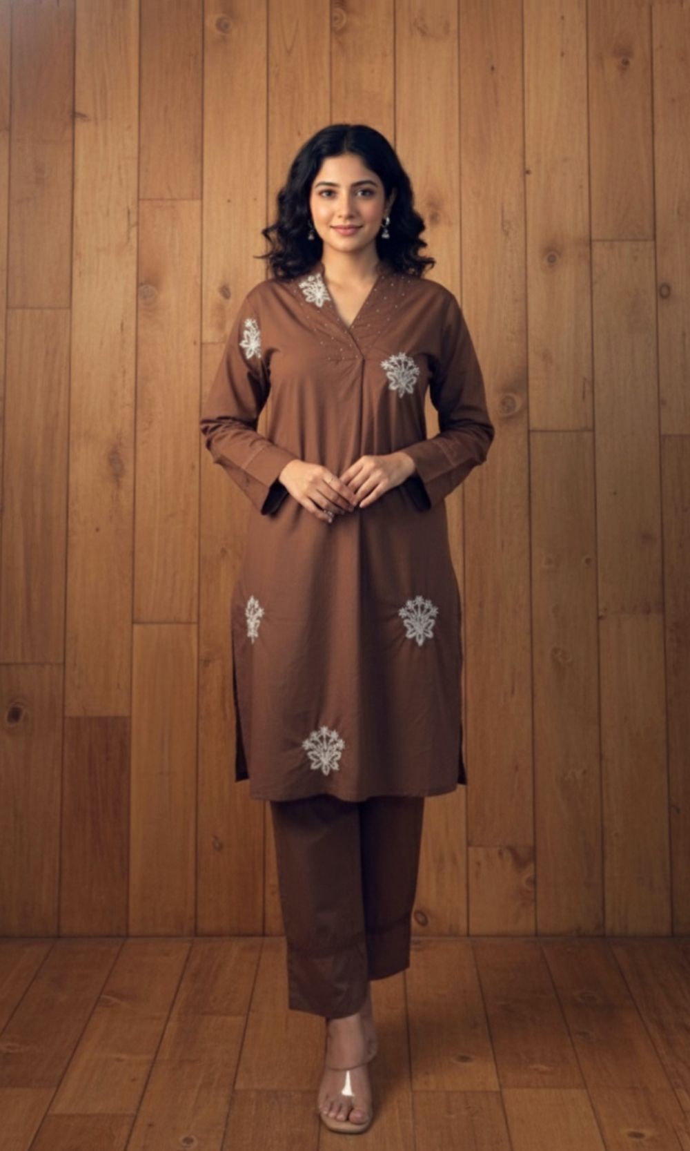 Brown Cotton Embroidered Kurta Palazzo Co-ord Set with V-Neckline