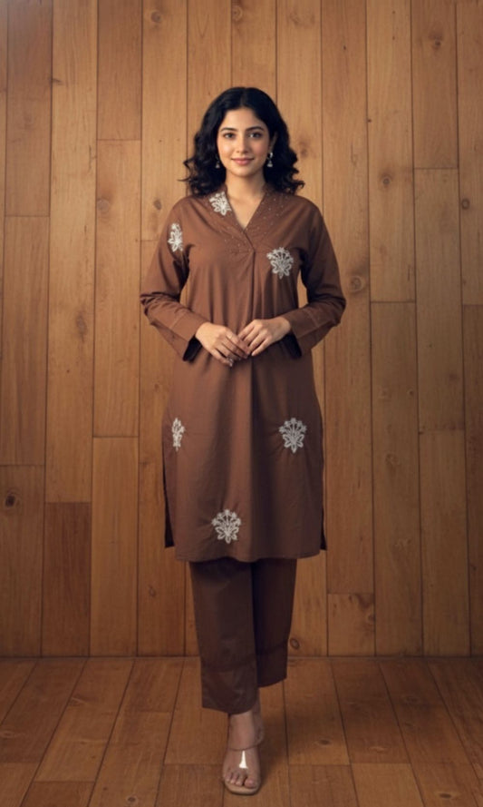 Brown Cotton Embroidered Kurta Palazzo Co-ord Set with V-Neckline