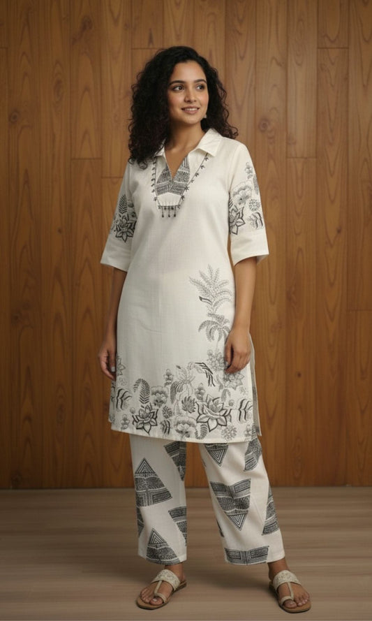 Off White Block Print Kurta Palazzo Co-ord Set