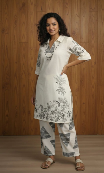 Off White Block Print Kurta Palazzo Co-ord Set