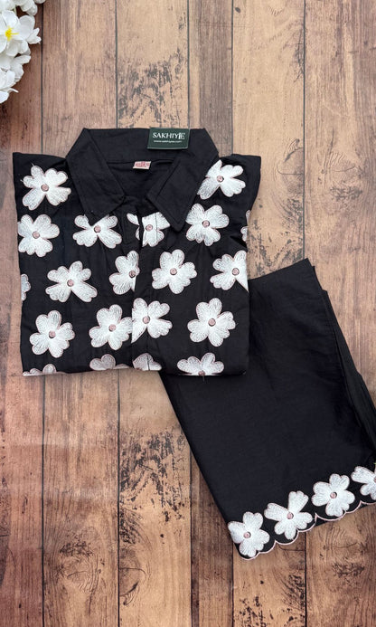 Black Co-Ord Set with White Floral Embroidery