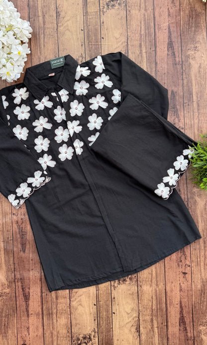 Black Co-Ord Set with White Floral Embroidery
