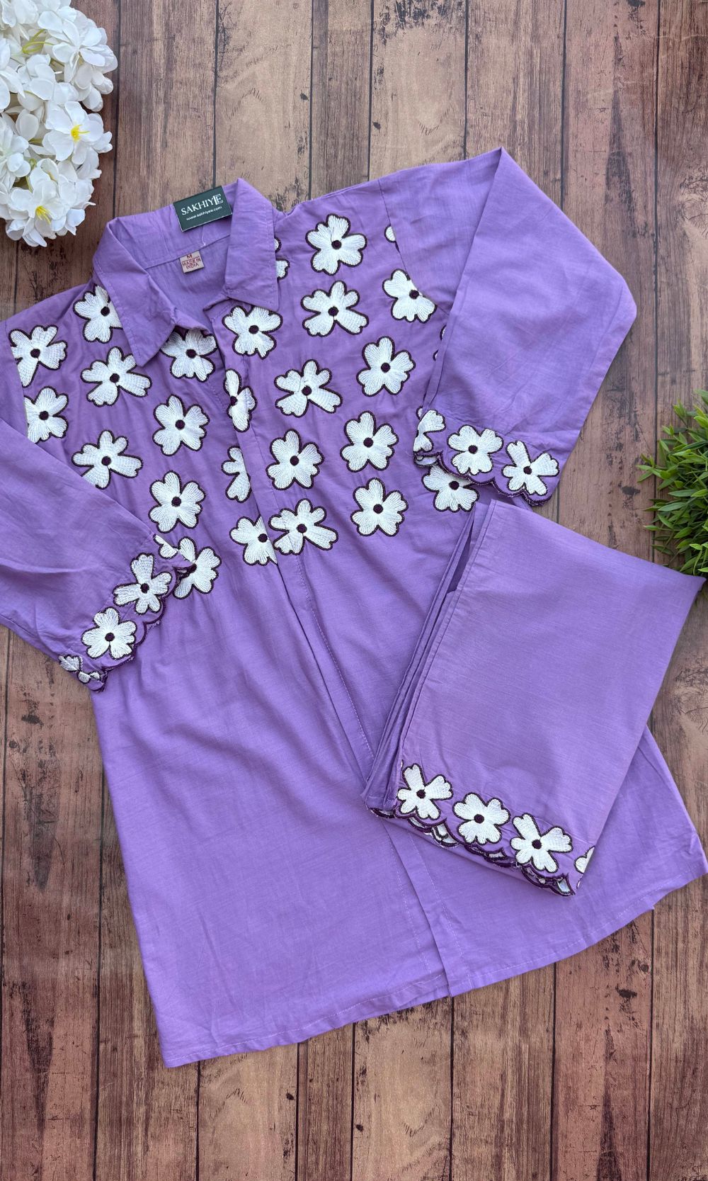 Lavender Co-Ord Set with White Floral Embroidery