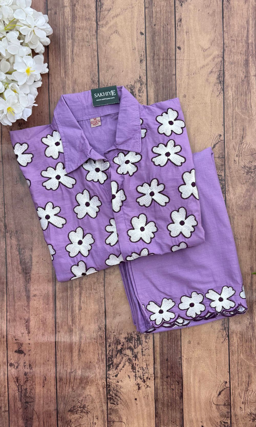 Lavender Co-Ord Set with White Floral Embroidery
