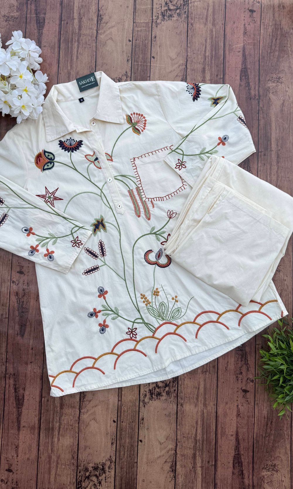 Off White Floral Embroidered Co-ord Set with Collared Neckline