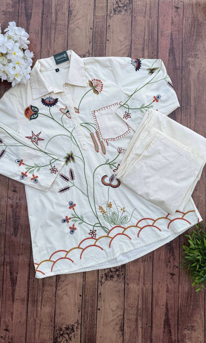 Off White Floral Embroidered Co-ord Set with Collared Neckline