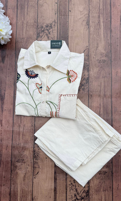 Off White Floral Embroidered Co-ord Set with Collared Neckline