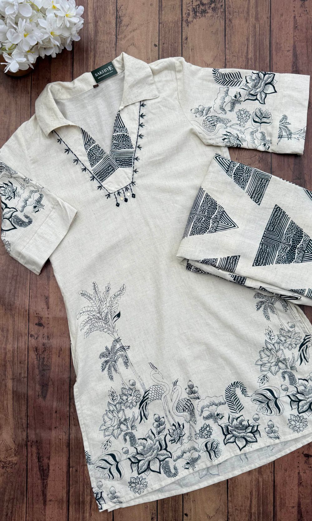 Off White Block Print Kurta Palazzo Co-ord Set