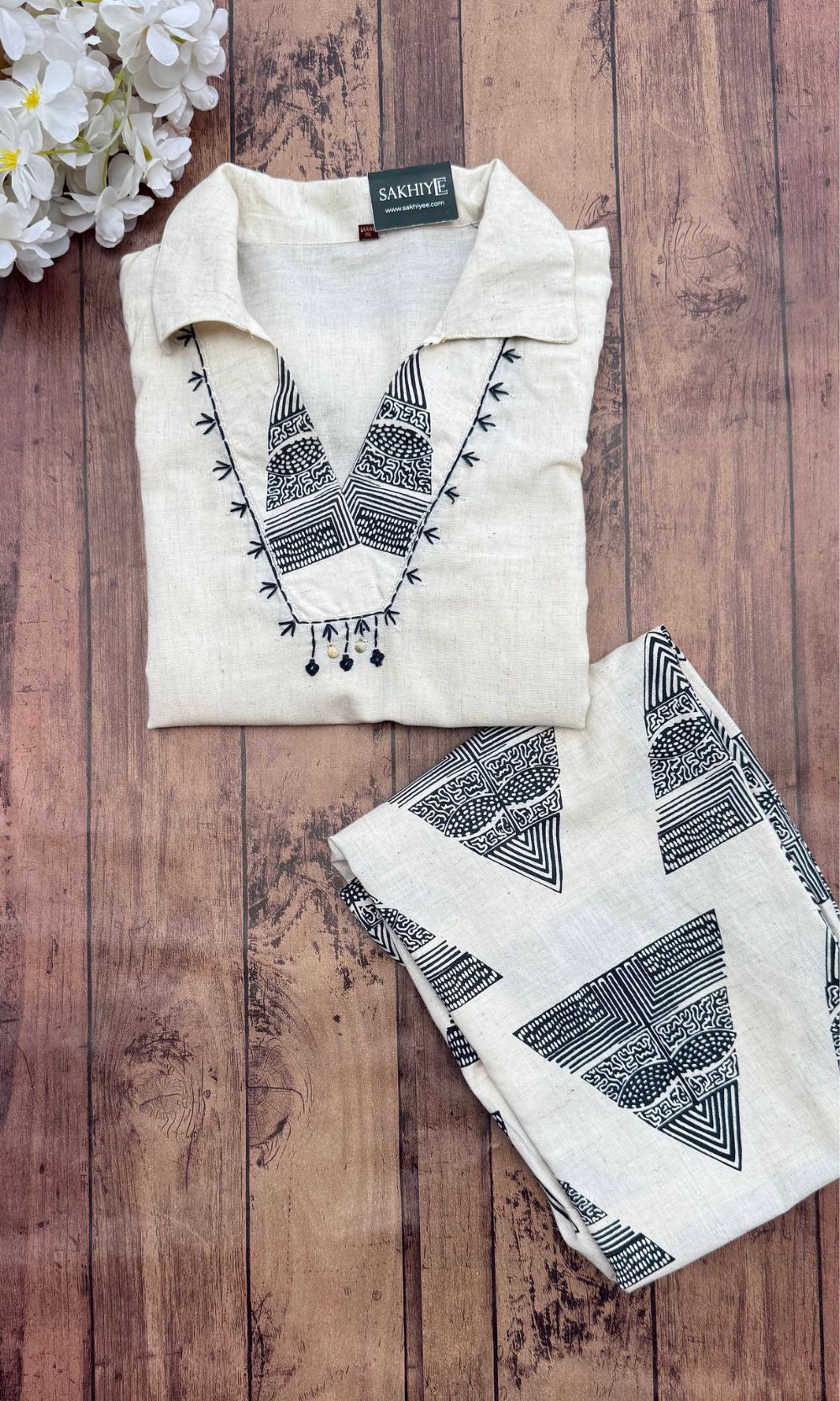 Off White Block Print Kurta Palazzo Co-ord Set