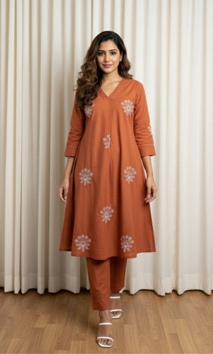 V-Neckline Rust Orange Cotton Embroidered Kurta Palazzo Co-ord Set