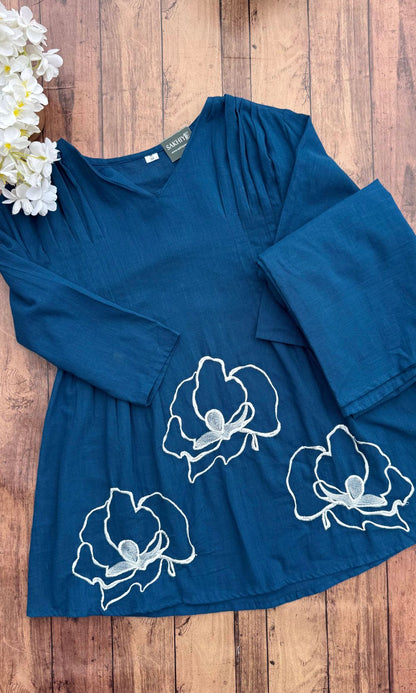 Blue Peplum Style Floral Embroidered Co-Ord Set