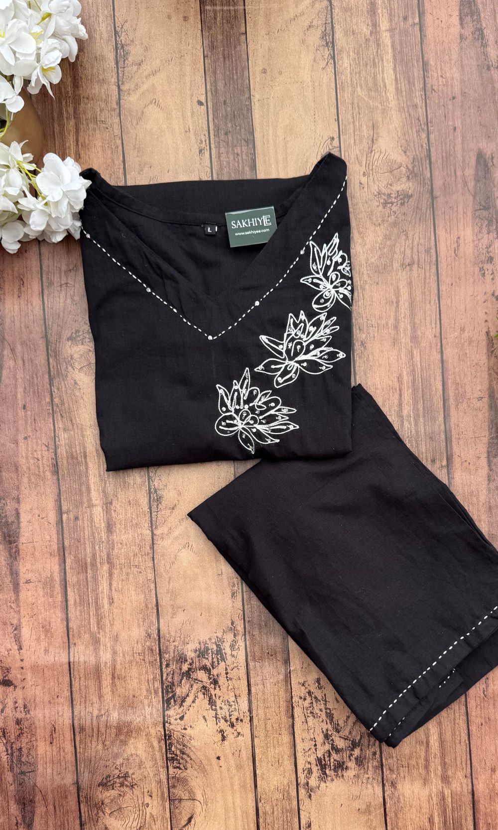 Cotton Black Floral Embroidered Kurta Palazzo Co-ord Set with V-Neckline