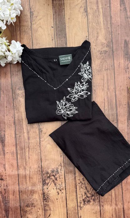 Cotton Black Floral Embroidered Kurta Palazzo Co-ord Set with V-Neckline