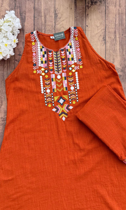 Orange Embroidered Kurta-Palazzo Co-Ord Set
