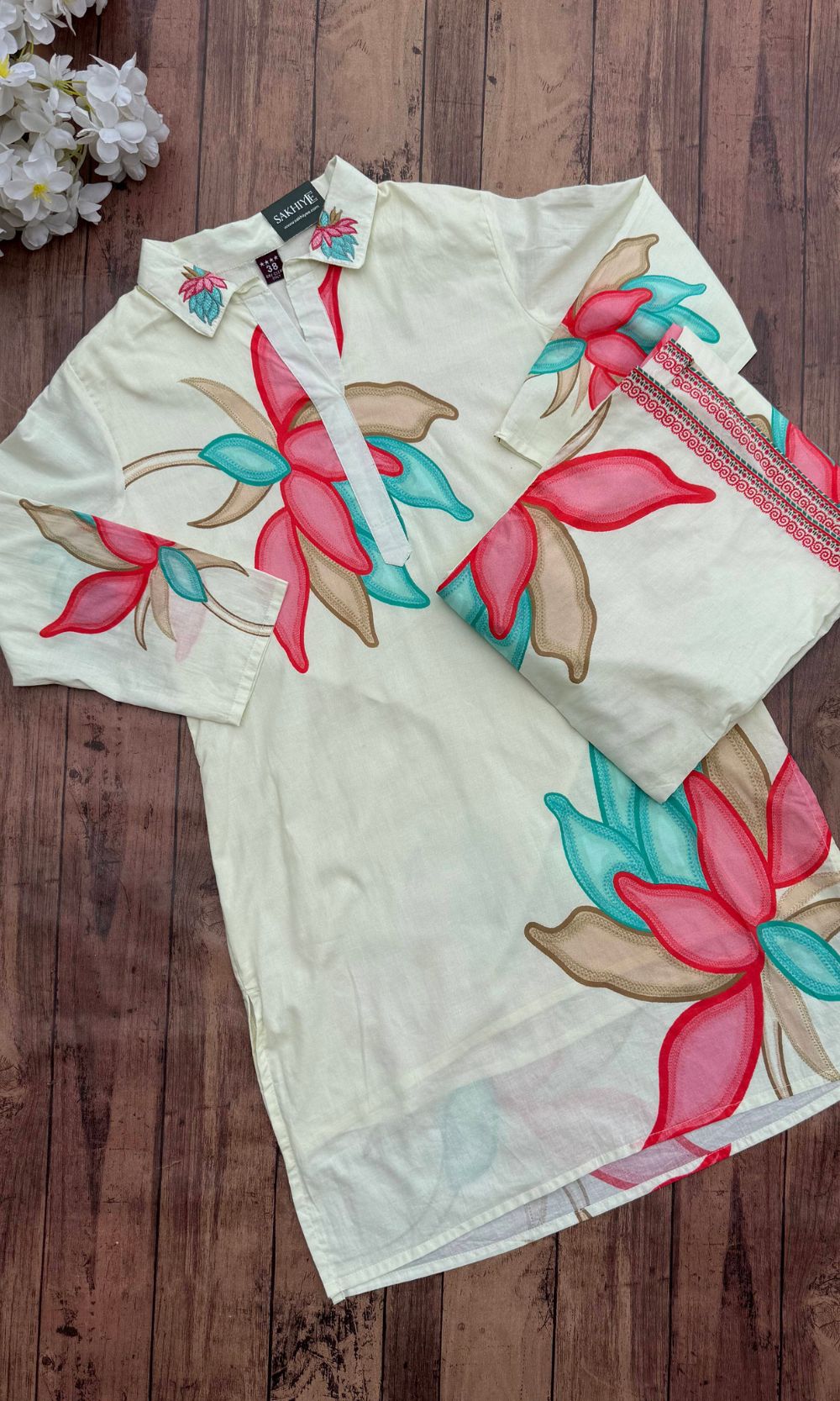 White Floral Kurta Palazzo Co-Ord Set