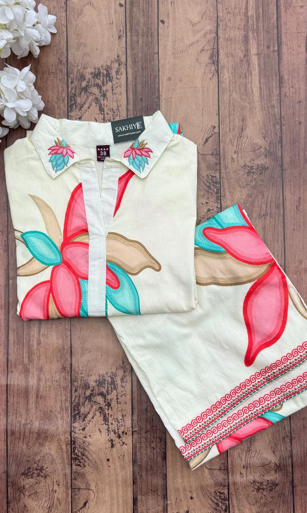 White Floral Kurta Palazzo Co-Ord Set