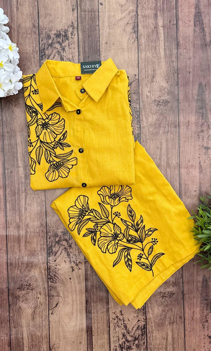 Mustard Yellow Minimal Floral Embroidery Co-ord Set