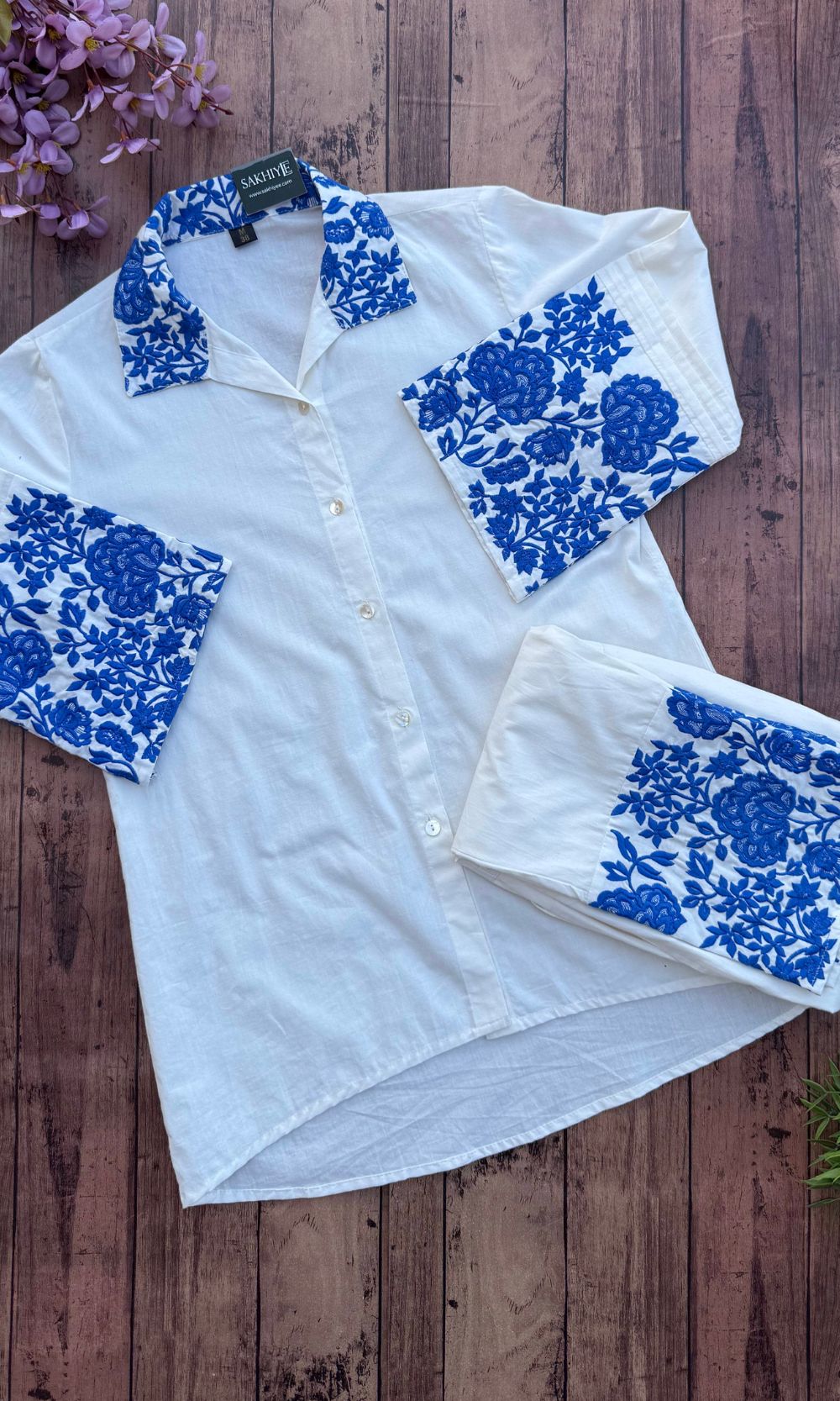 White - Blue Floral Embroidered Co-Ord Set