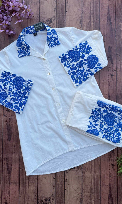 White - Blue Floral Embroidered Co-Ord Set