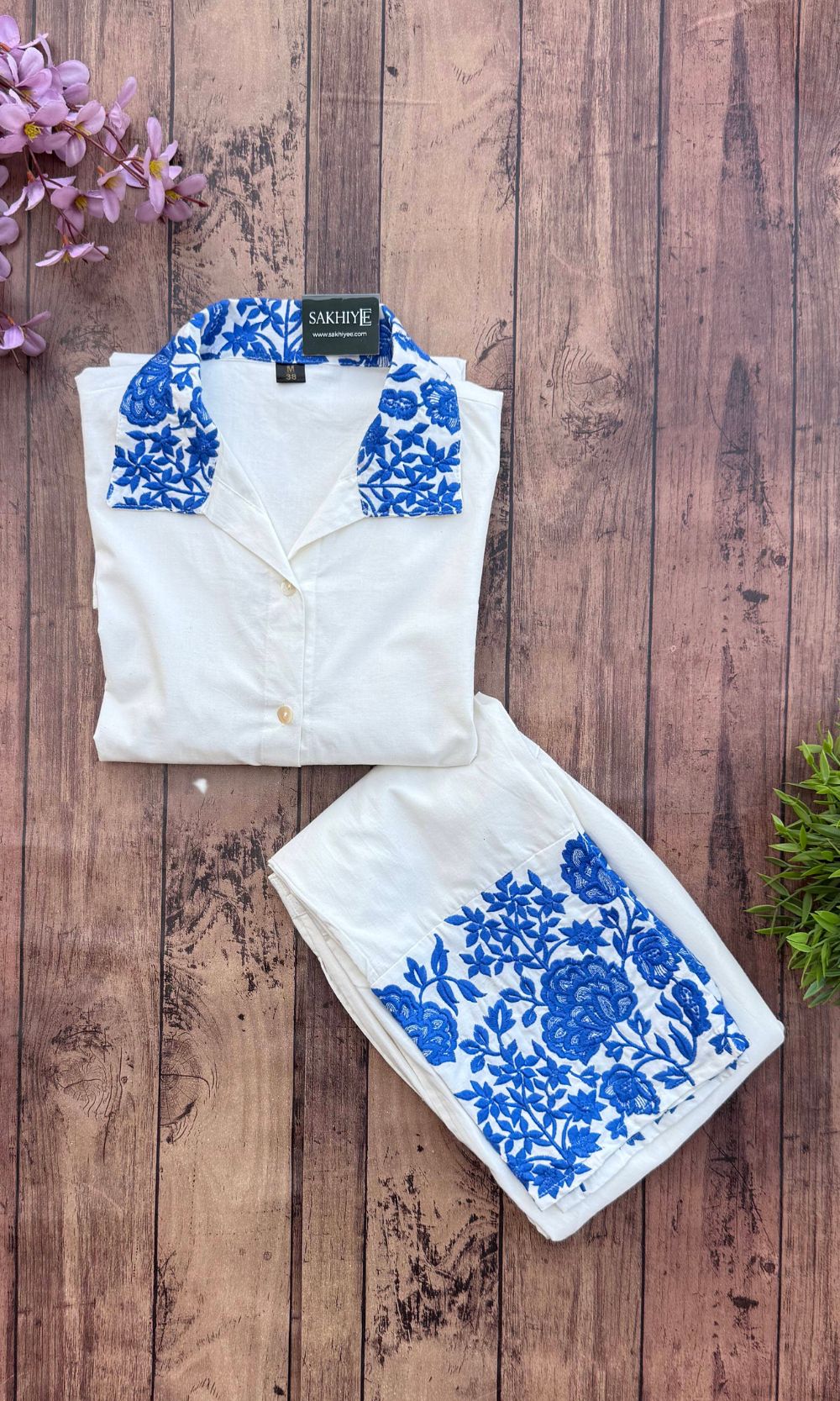 White - Blue Floral Embroidered Co-Ord Set