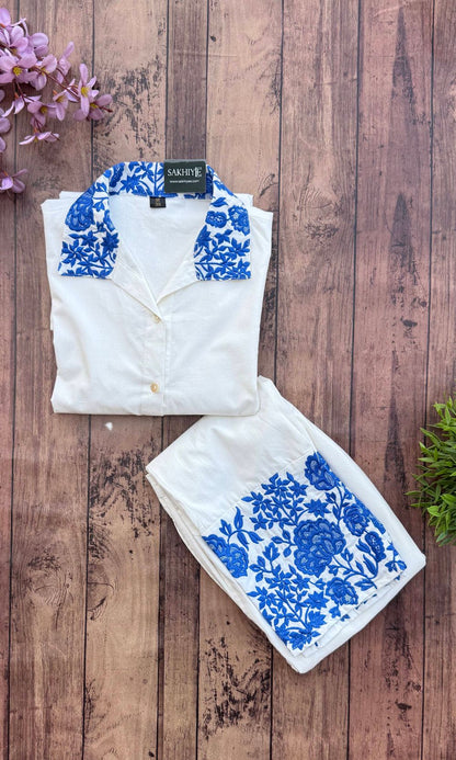 White - Blue Floral Embroidered Co-Ord Set