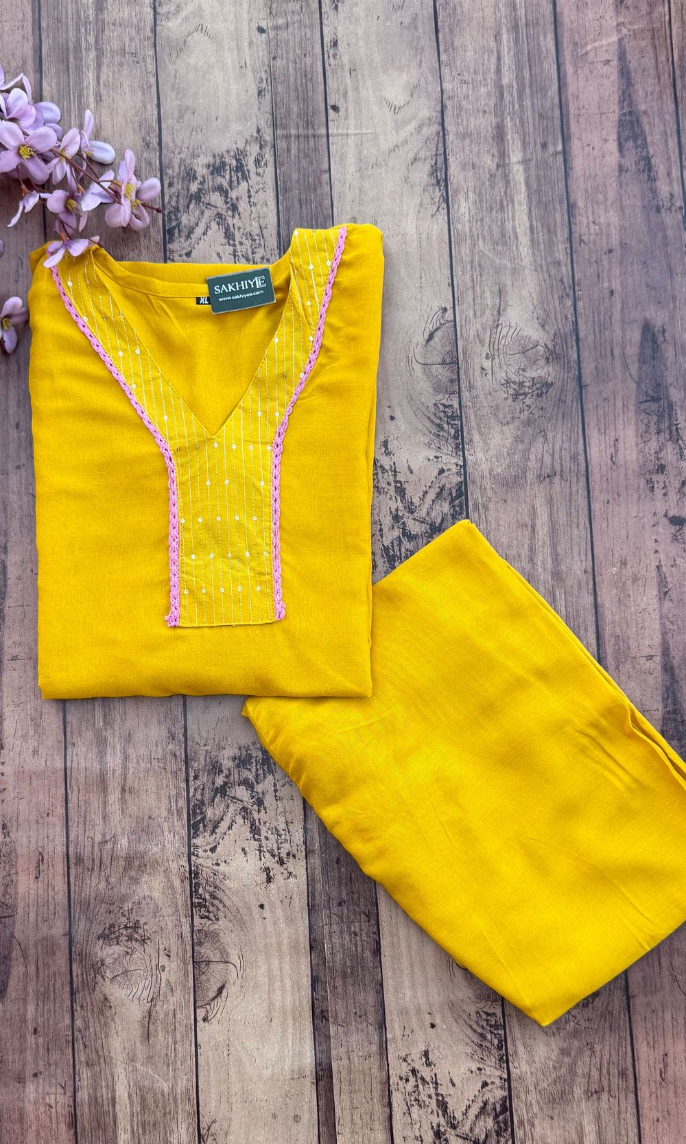 Mustard Yellow Cotton Kurta Palazzo Co-ord Set with Embroidered Sleeves