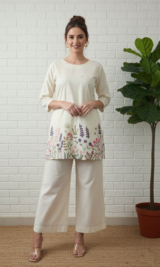 White Kurta Palazzo Co-ord Set with Floral Embroidery