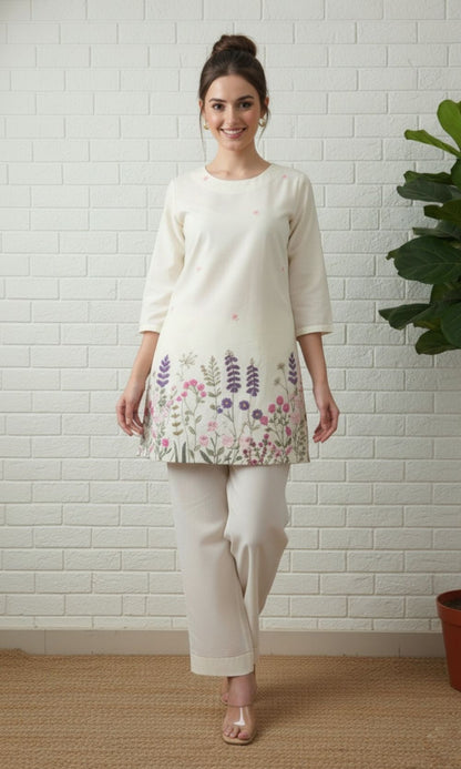 White Kurta Palazzo Co-ord Set with Floral Embroidery