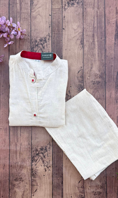 Off White Kurta Palazzo Co-Ord Set with Multi Coloured Floral Embroidery