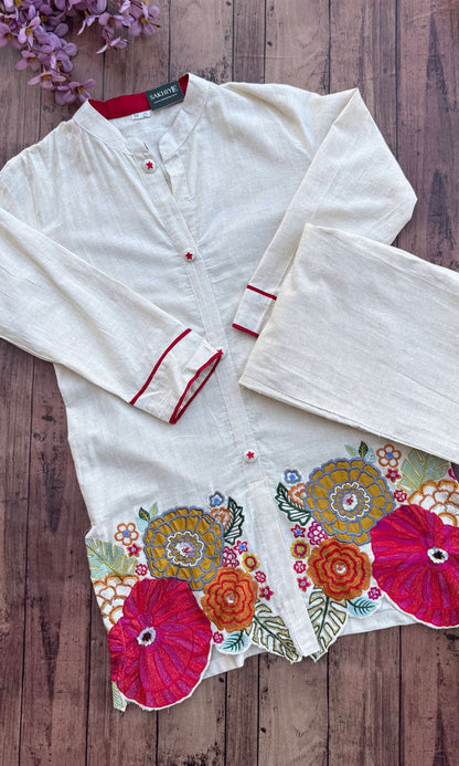 Off White Kurta Palazzo Co-Ord Set with Multi Coloured Floral Embroidery