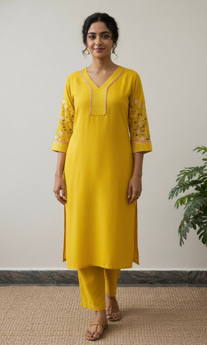 Mustard Yellow Cotton Kurta Palazzo Co-ord Set with Embroidered Sleeves