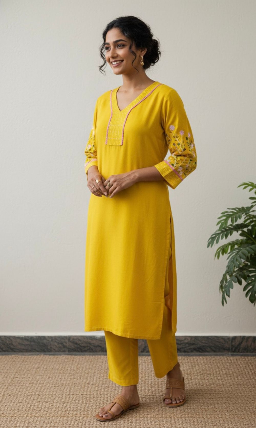 Mustard Yellow Cotton Kurta Palazzo Co-ord Set with Embroidered Sleeves