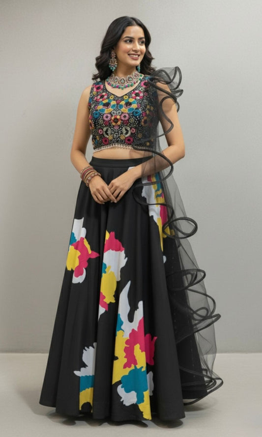 Black Multi-colour Floral Print Lehenga Set