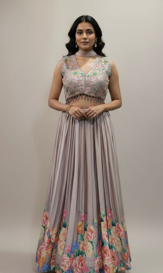 Pastel-Cream Floral Print Lehenga Set