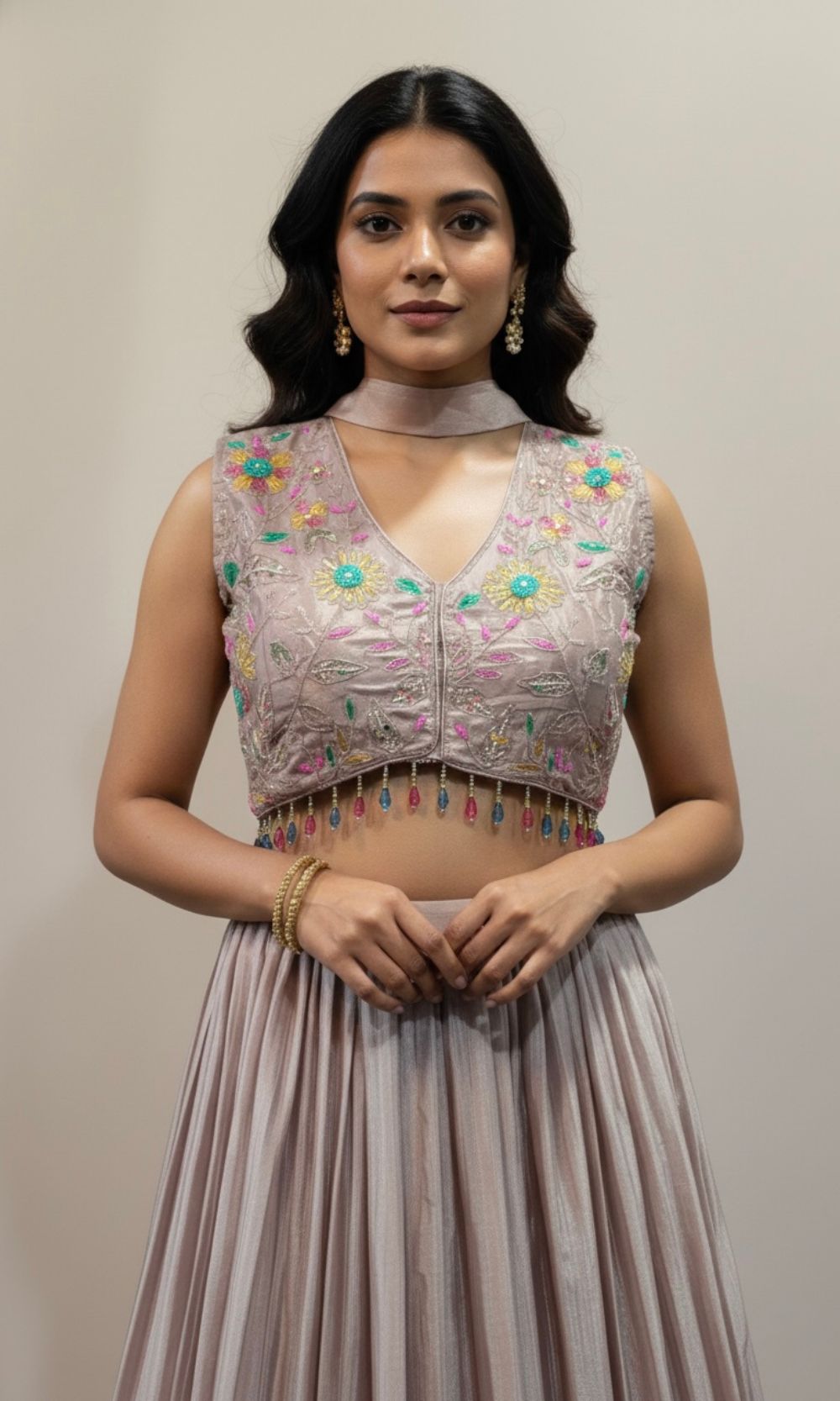 Pastel-Cream Floral Print Lehenga Set