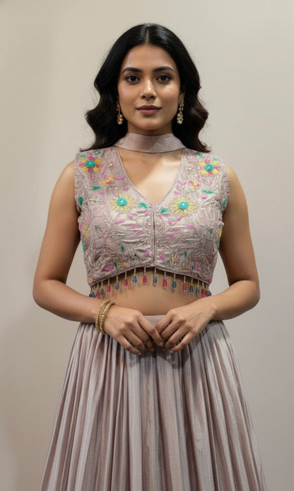 Pastel-Cream Floral Print Lehenga Set