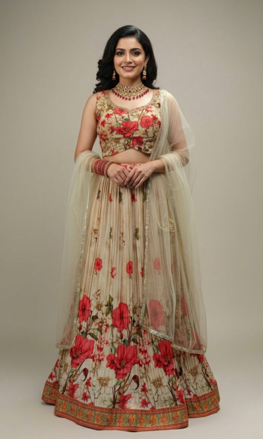 Cream Floral Lehenga Set
