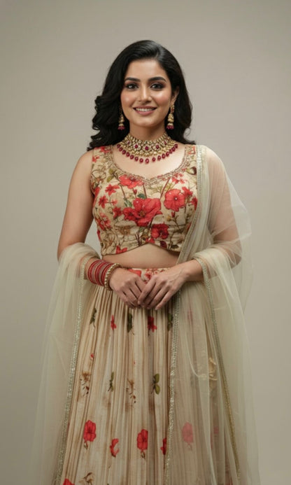 Cream Floral Lehenga Set
