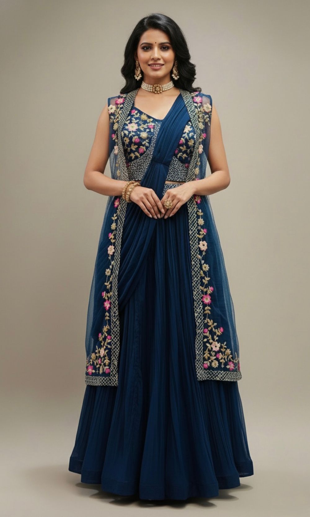 Navy-Blue Embroided Jacket Lehenga Set
