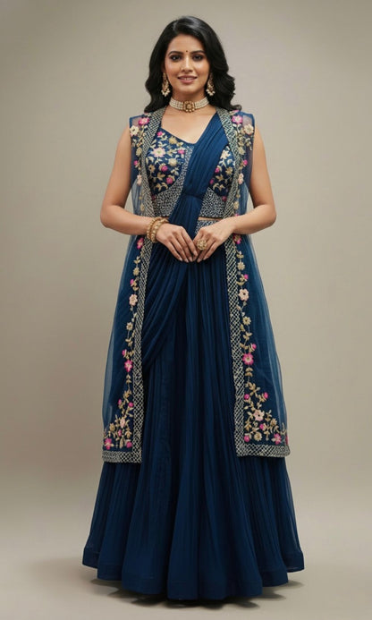 Navy-Blue Embroided Jacket Lehenga Set