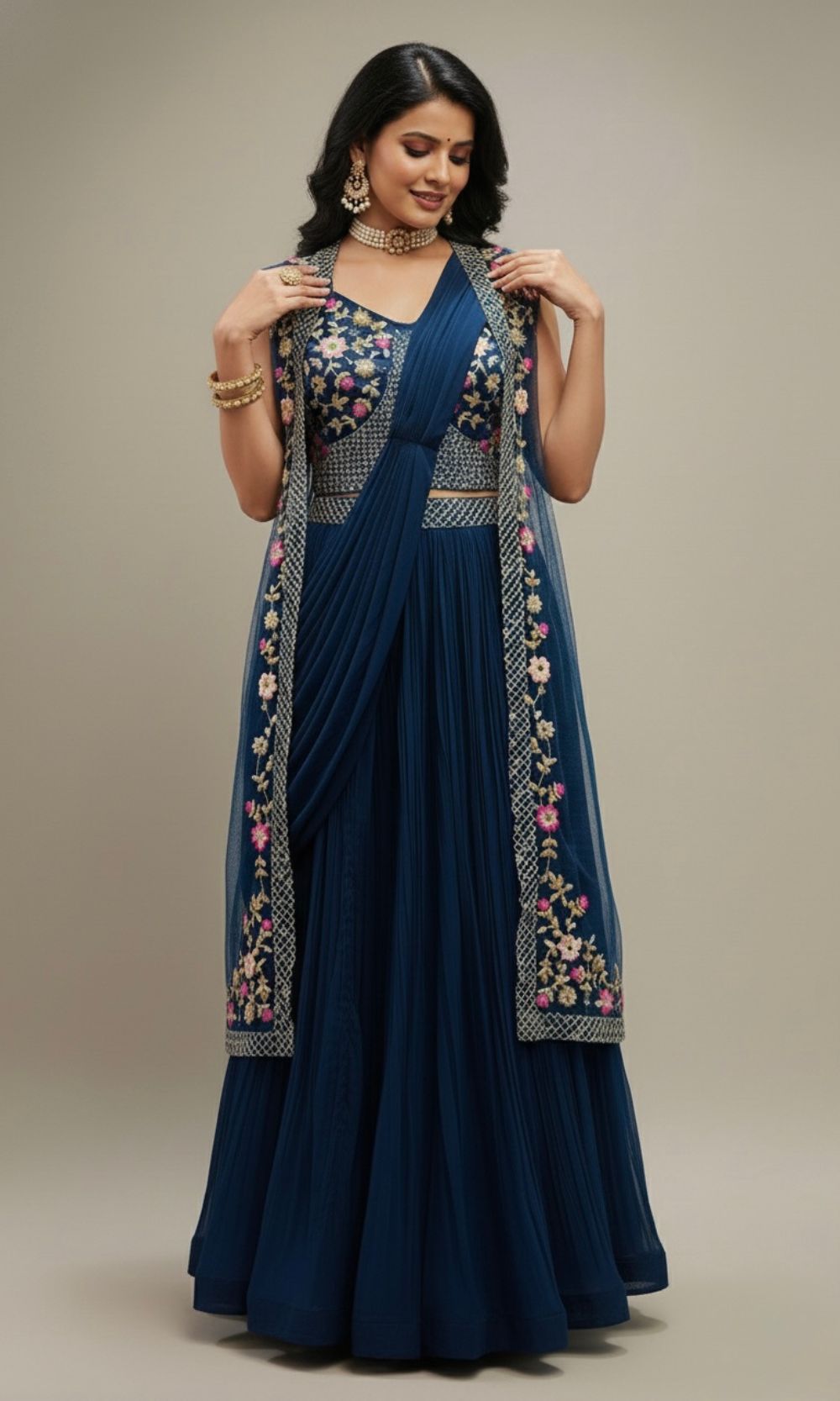 Navy-Blue Embroided Jacket Lehenga Set