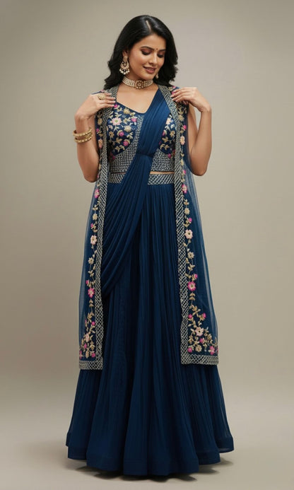 Navy-Blue Embroided Jacket Lehenga Set