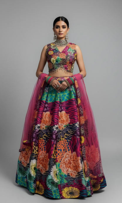 Multi-Colour Floral Animal Print Lehenga Set