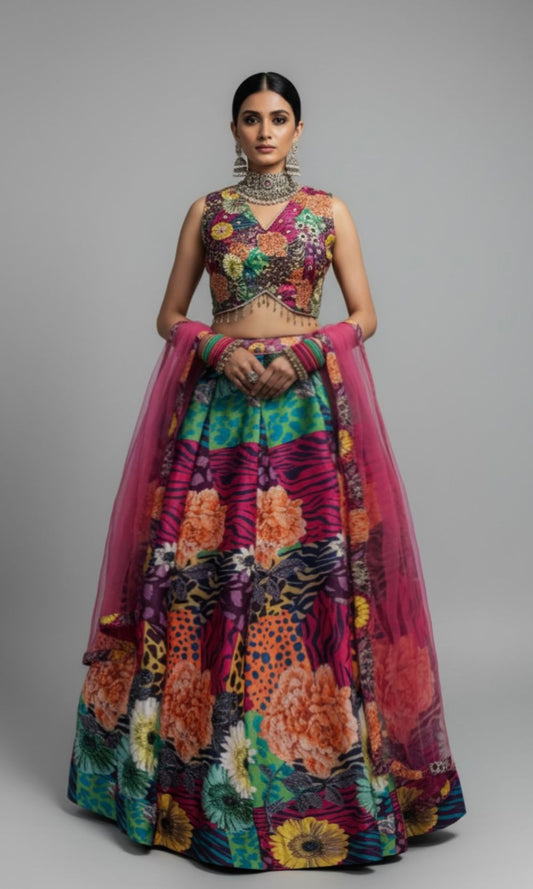 Multi-Colour Floral Animal Print Lehenga Set