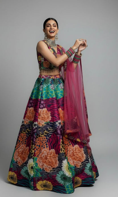 Multi-Colour Floral Animal Print Lehenga Set