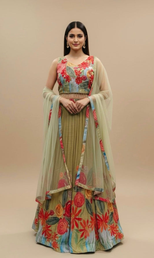 Green Floral-Print Pleated Lehenga Set