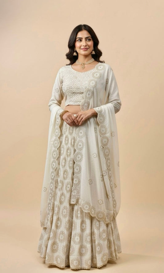 Off White Embroidered Lehenga Set