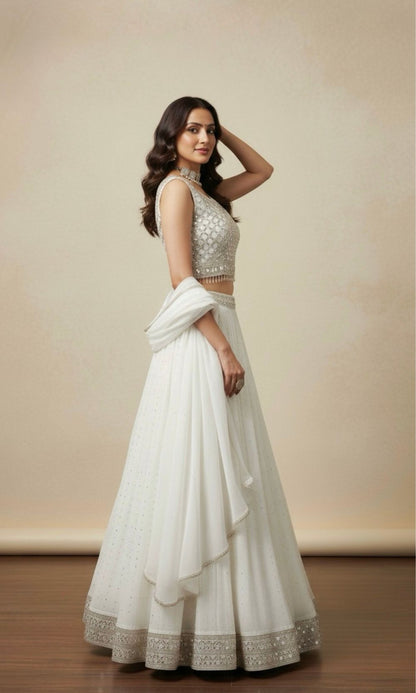 White Mirror Embroided Lehenga Set