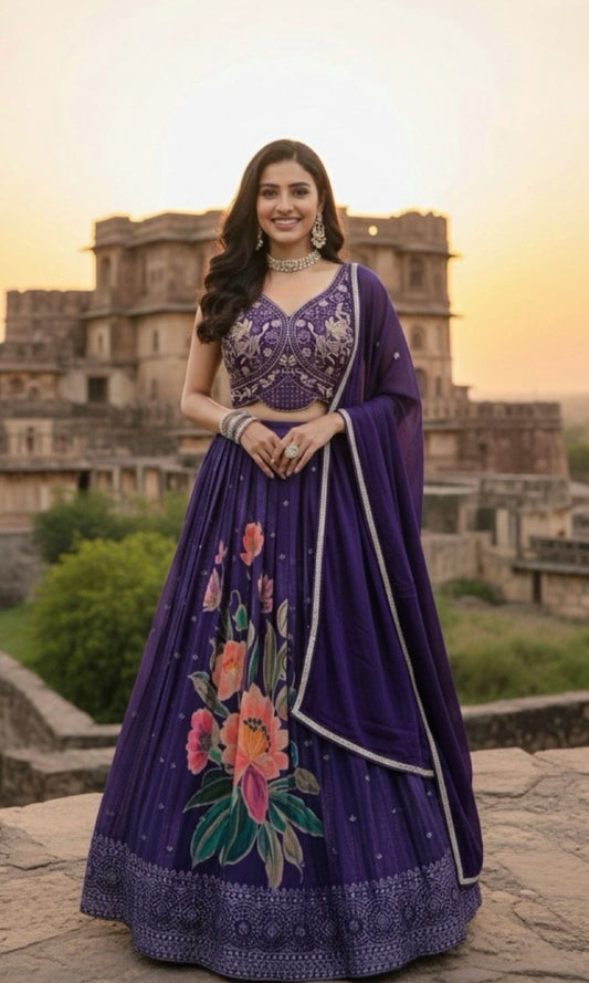 Violet Floral Pleated Lehenga Set