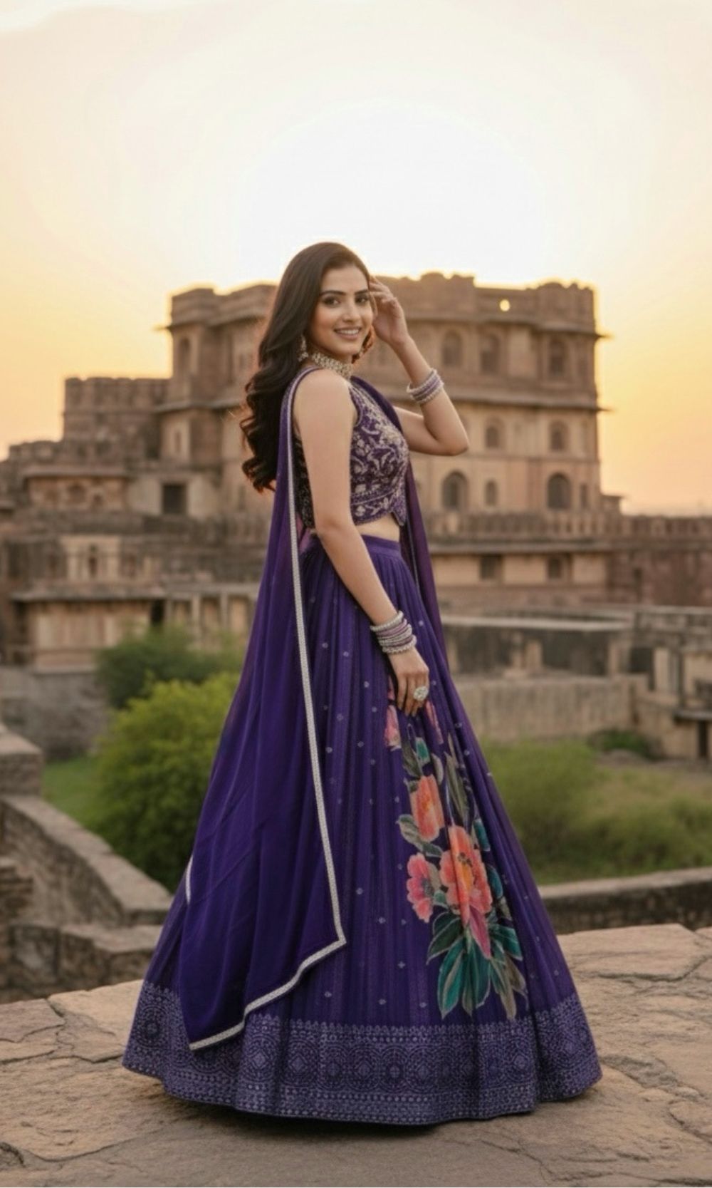 Violet Floral Pleated Lehenga Set